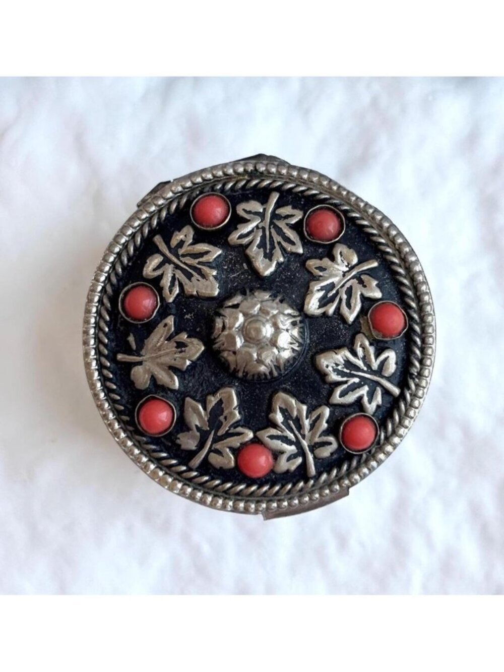 Silver Toned Red Coral Stone Hand Carved Floral Vintage Trinket Box Jewelry Box